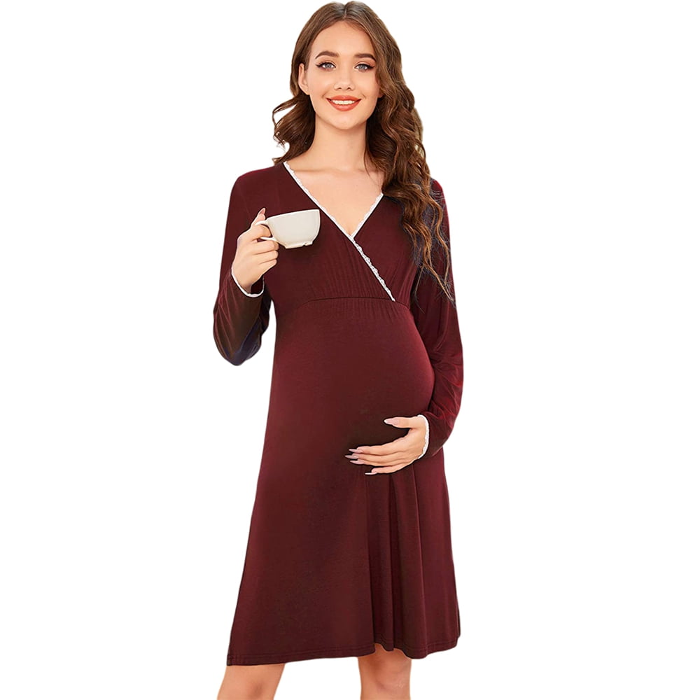 HOCOSIT Women Maternity Dress 3 in 1 Delivery/Labor/Nursing Nightgown Short Sleeve Pleated Breastfeeding Sleep Dress S-XXL 
