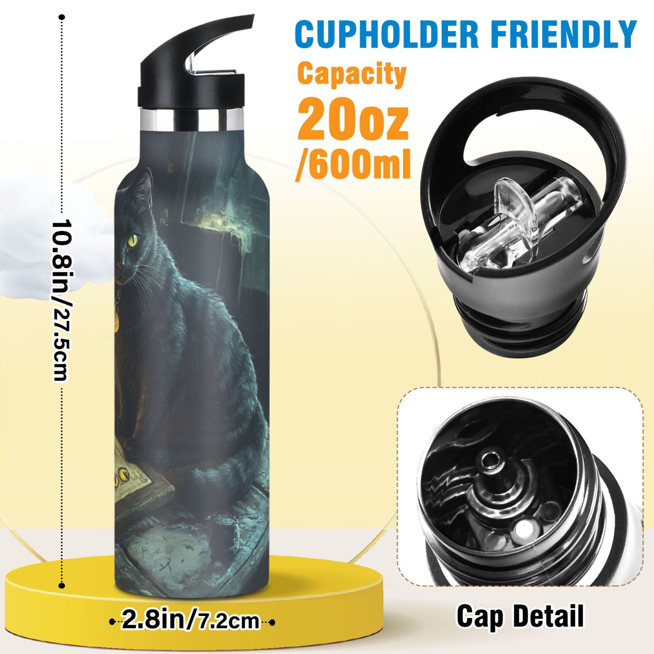 600ML Stainless Steel Insulated Cup Sports Water Bottle Portable Thermos Cup Water Glasses Insulated Tumblers Convenient and Durable Dark Cat