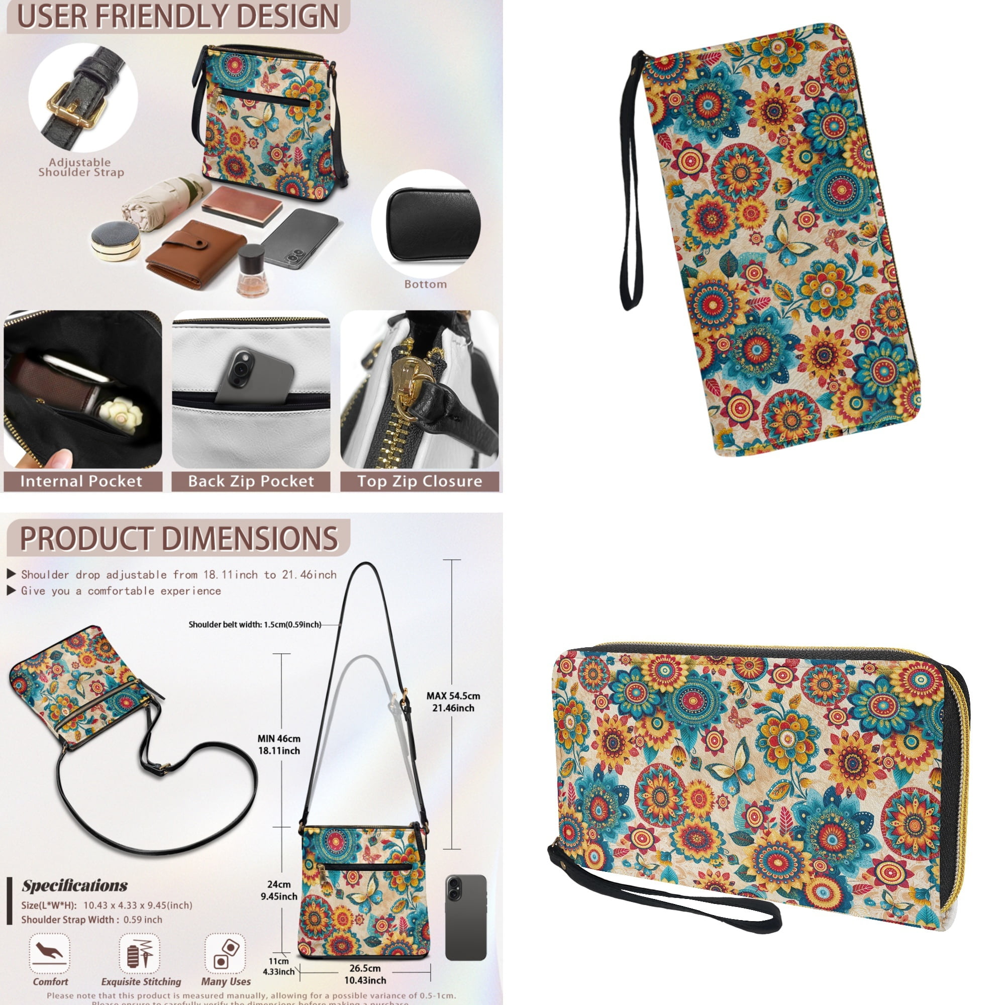 ZUXONGSY Boho Mandala Butterfly Print Women Large Crossbody Bags Ladies Satchel Shoulder Handbags Purse and Wallet Set for Women Totes Hobo Purses for Dating Travel Party