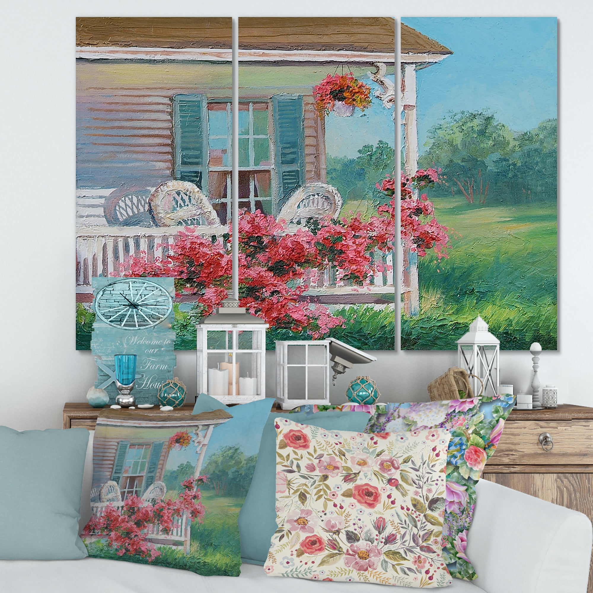 Designart ' Patio & Blossiming Red Flowers With Wooden House ' Traditional Canvas Wall Art Print