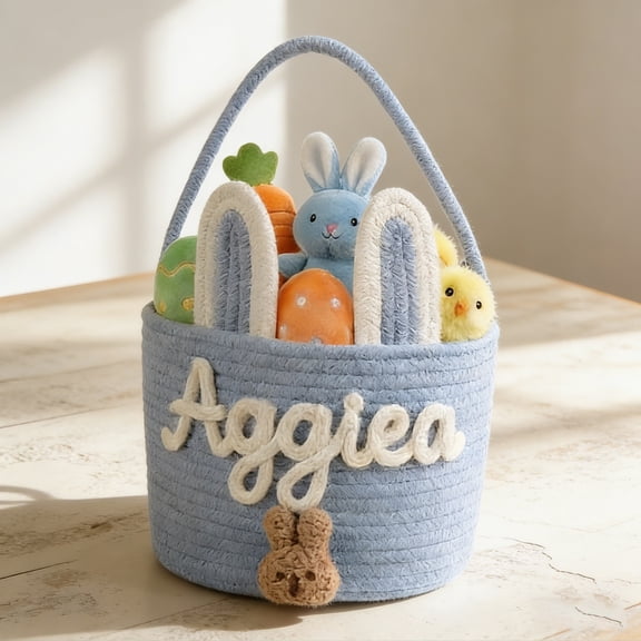 Personalised Easter Basket, Easter Basket 3D Cord Embroidery Technology, Easter Nest for Filling for Boys and Girls, Not Include Dolls (Rabbit Design)