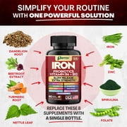 Parrox Iron Supplement with Slow Release Iron, Probiotics, Spirulina, Turmeric, Vitamin B6, B12, C, Zinc, Folate, Beetroot, Nettle Leaf, Dandelion Root,Black Pepper, Extra Strength, 60 Vegan Capsules