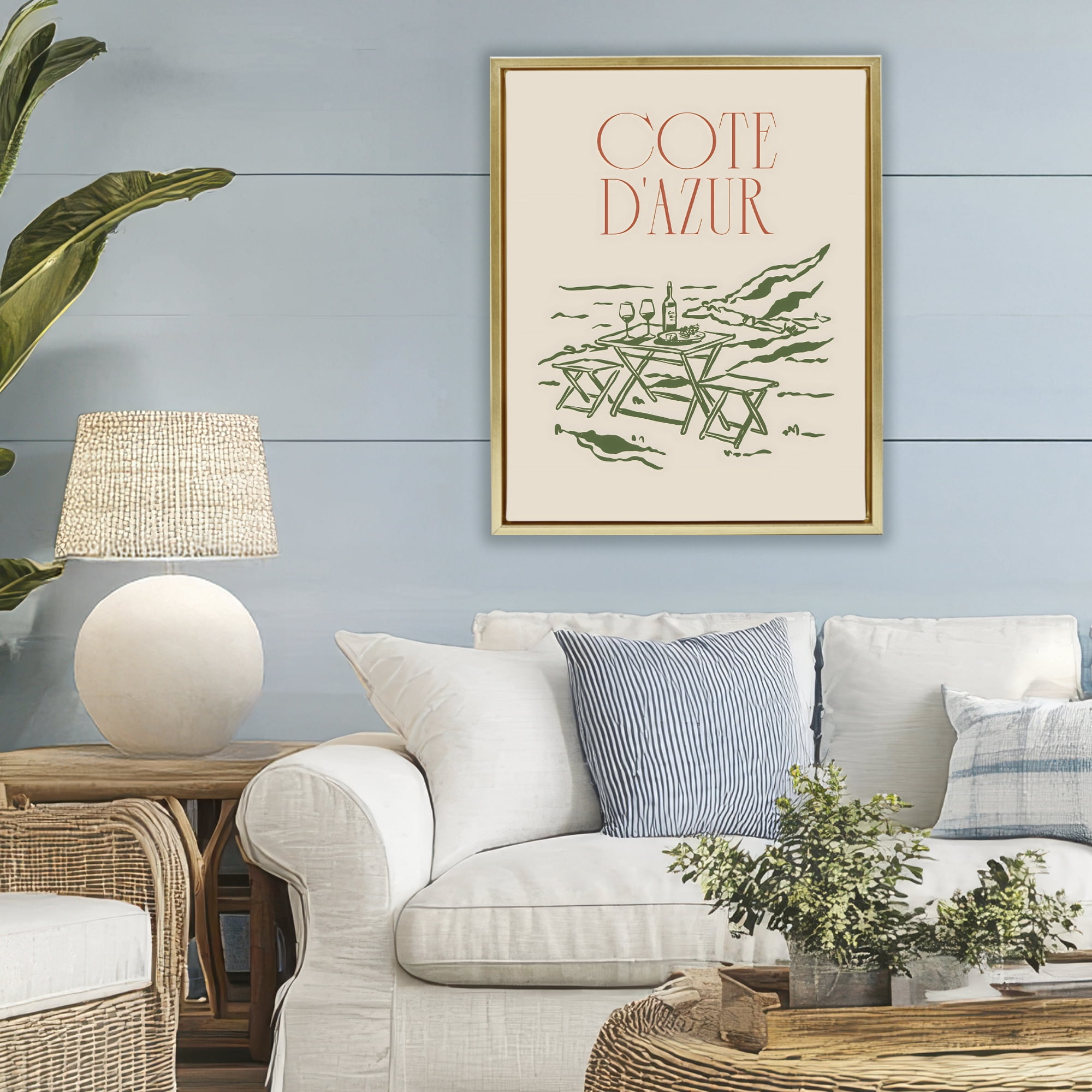 Stupell Industries Seaside Wine Picnic Gold Framed Floater Canvas Wall Art, design by The Prints Vibe