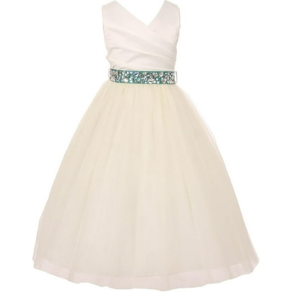 Elegant V Neck Rhinestone Belt Little Girl Flower Girls Dresses Ivory Jade 2