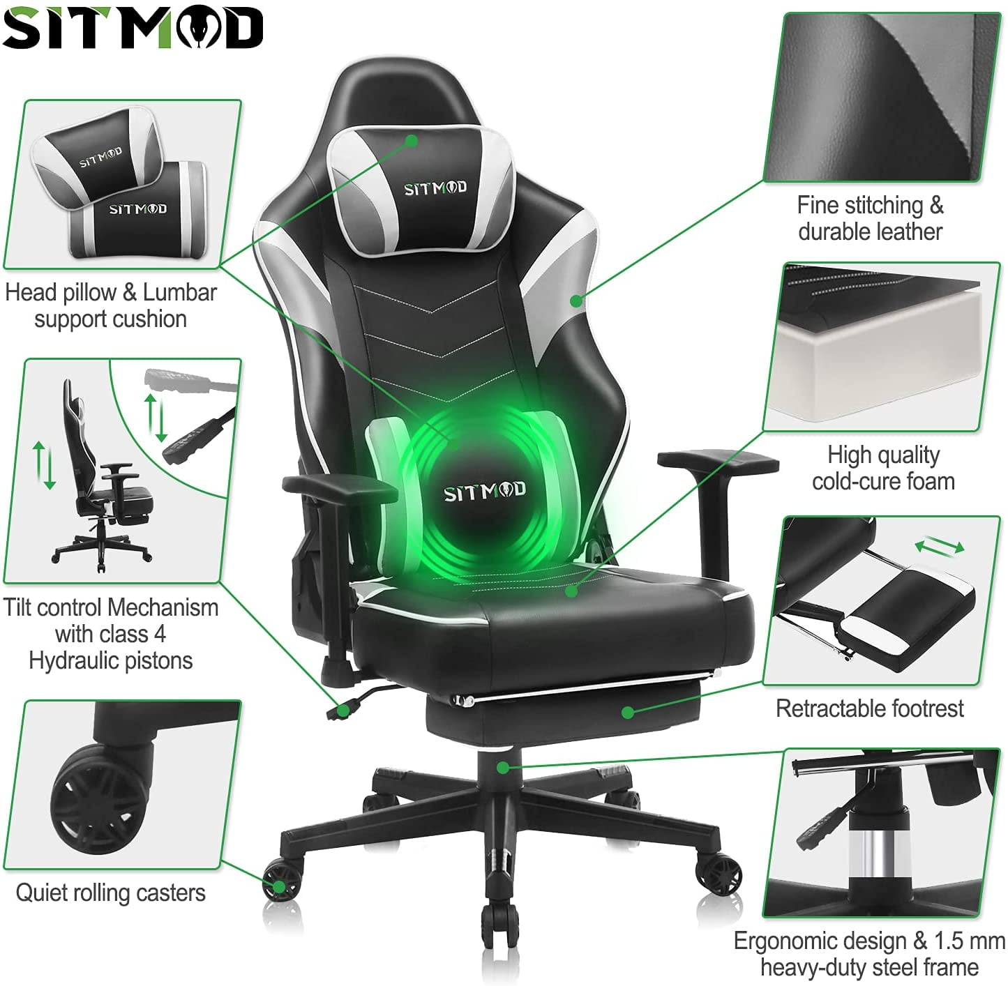 SITMOD Gaming Chair Office Recliner Chair 200kg PU Leather with Retractable Footrest Ergonomic Desk Chair Big and Tall Gaming Armchair for Gamer E-Sports Chairs with Rocking Function-Black 