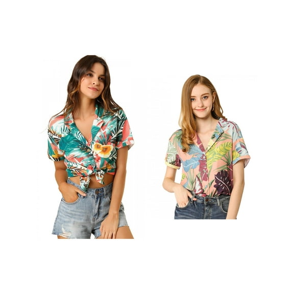 NOMADIC NOOK Women's 2 Packs Hawaiian Beach Tropical Floral Leaves Button Down Shirt