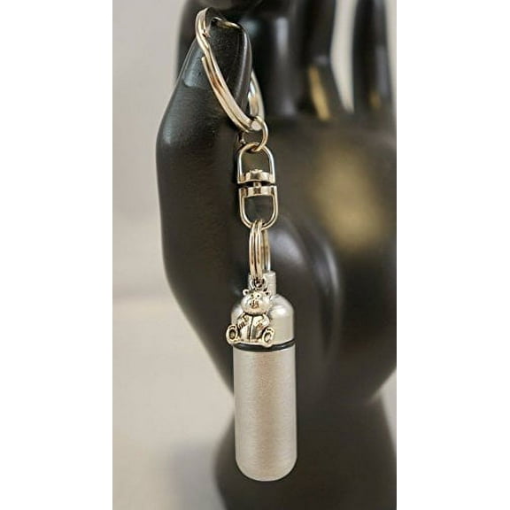 Silver Teddy Bear Pill Holder Swivel Key Chain with Velvet Pouch and Pipette