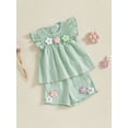 thumbnail image 4 of Miaouyo Toddler Baby Girl Summer Clothes Set 9 12 18 24 Months 2T 3T 4T Flower Smocked Fly Sleeve Tops Elastic Waist Shorts Outfit, 4 of 9