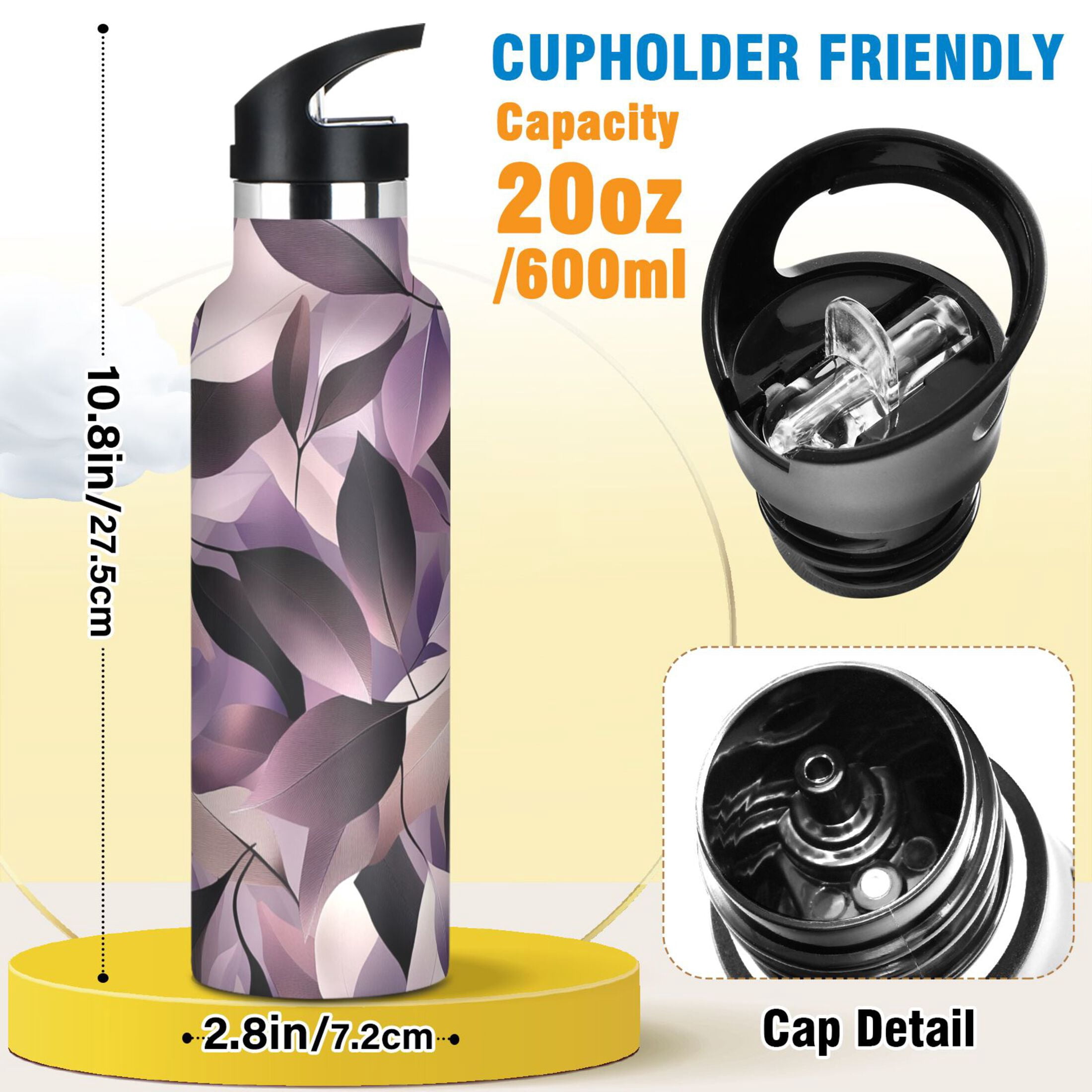 Kids Insulated Stainless Steel Sports Water Bottle 600ml (20oz) Purple Abstract Leaves