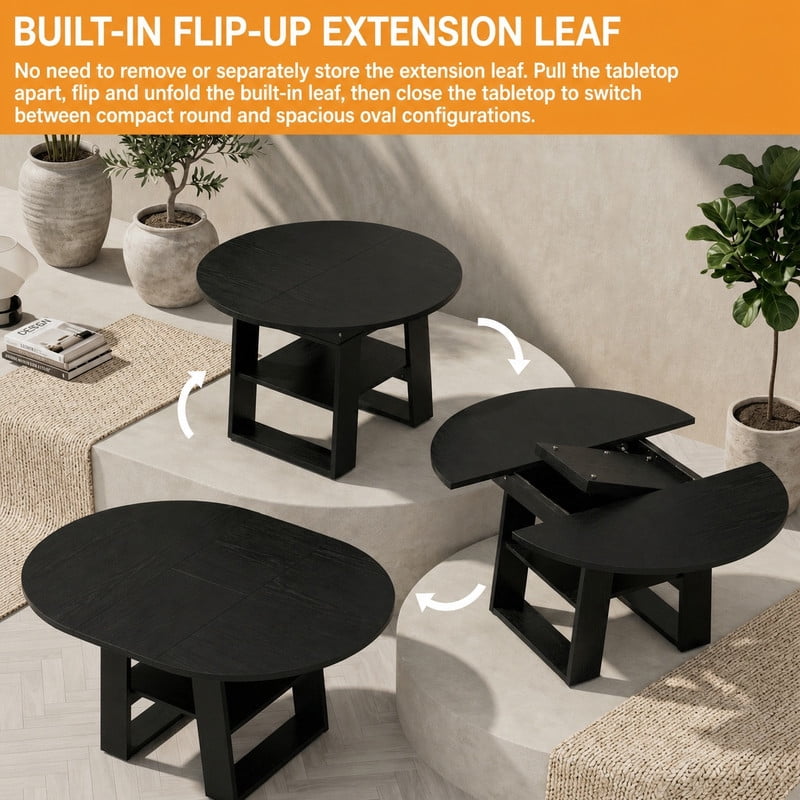 43"-59" Extendable Round-to-Oval Dining Table for 4-6 with Flip-Up Leaf, Kitchen Accent Dinner Table with Storage Shelf