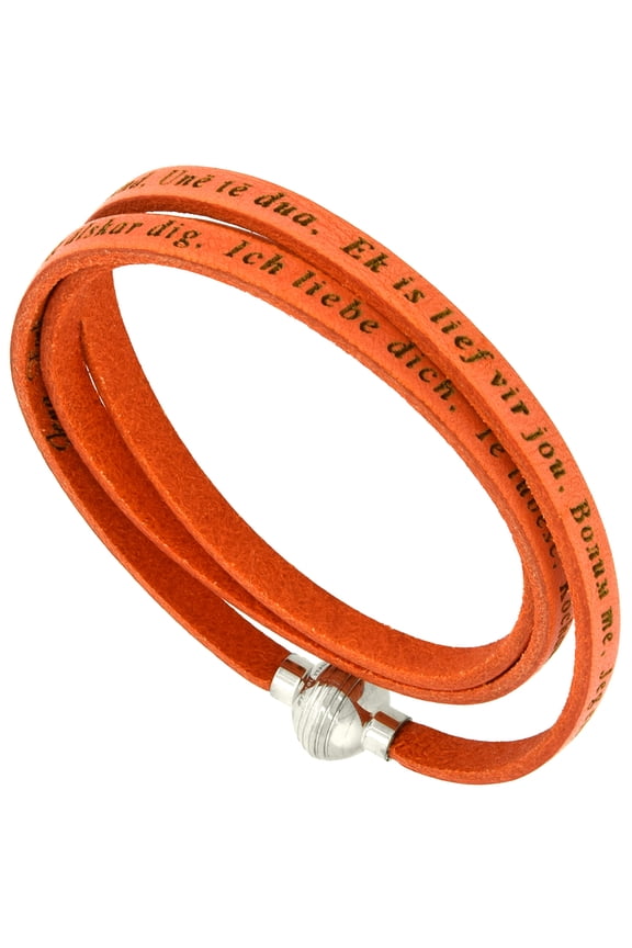 Italian Full Grain 3 Wrap Orange Leather I Love You Bracelet Stainless Steel Magnetic Clasp 24 inch