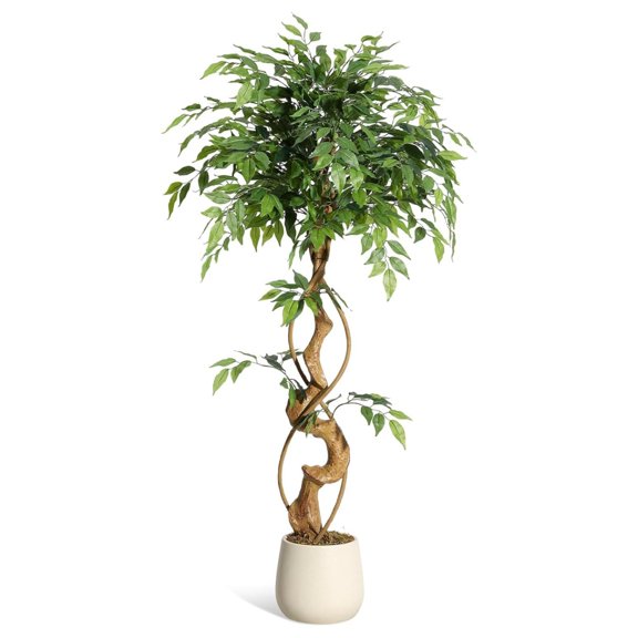 Ficus Artificial Tree with Curved Trunk,4/5/6 Feet Faux Plant Fake Silk Trees with White Pot, Fake Ficus Tree for Home Decor, Artificial Plants Indoor for Office Living Room