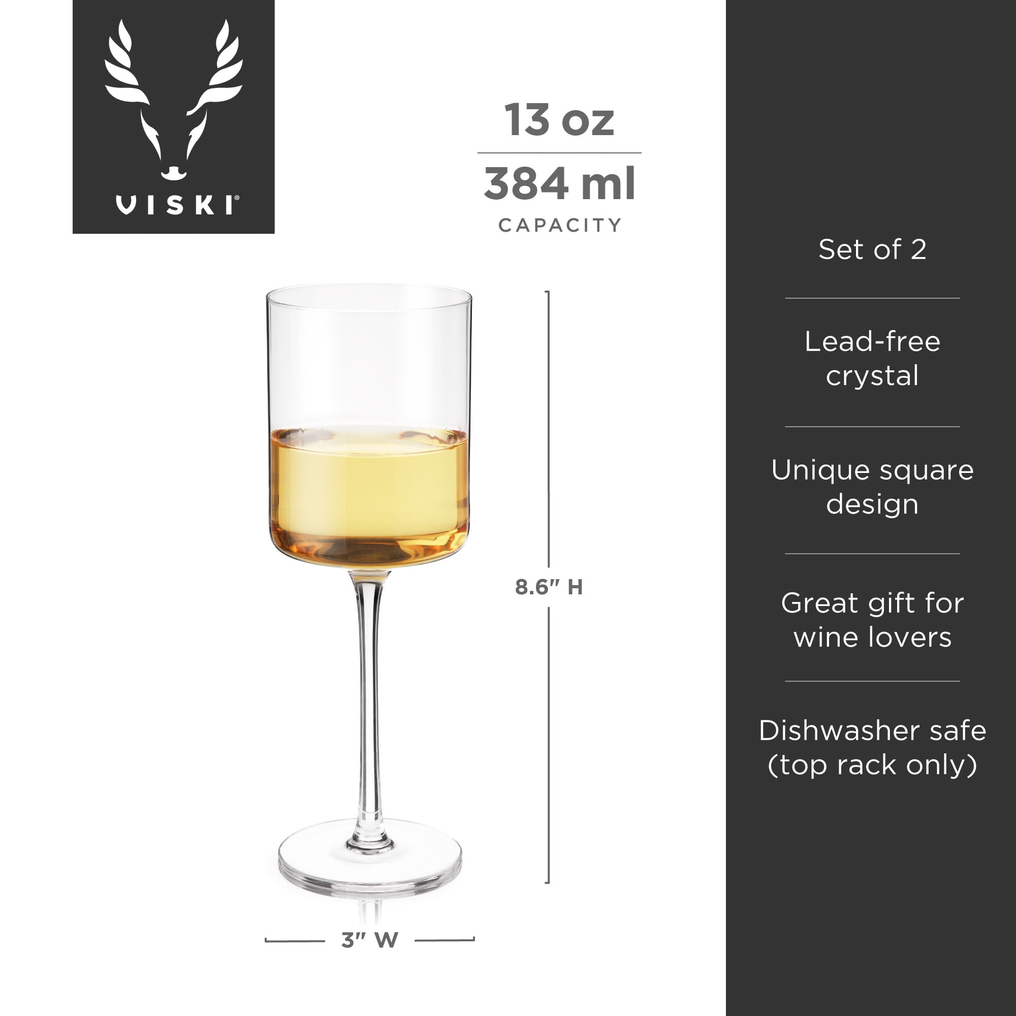 Viski Laurel Crystal White Wine Glasses, Stemmed Glasses, 13 oz, Set of 2
