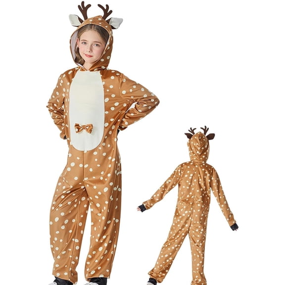 Kids Christmas Reindeer Onesie Hooded Jumpsuit For Boys And Girls | 480g Polyester Reindeer Onesie For Kids With Hood; Festive Christmas Jumpsuit In XS To XL For Ages 3-12