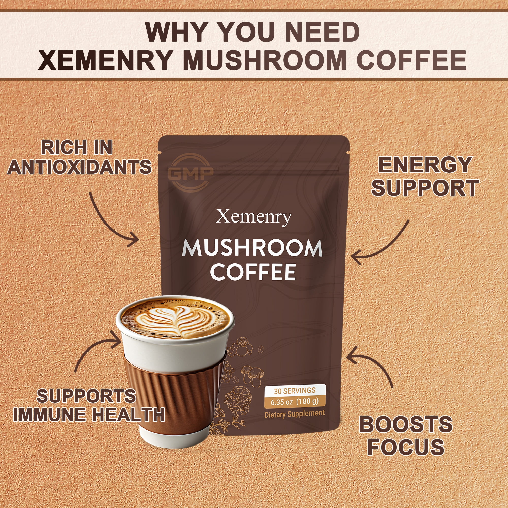Mushroom Coffee - with 6 Mushrooms Lion’s Mane, Cordyceps, Turkey Tail & Other - for Energy, Focus, Digestion, Immunity - 30 Servings