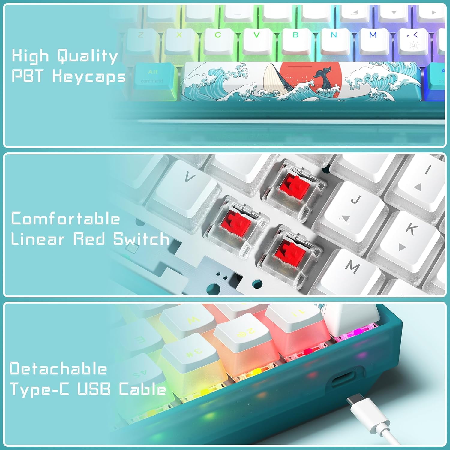 WK61 Wired Gaming Keyboard, 60% Percent RGB Backlit Mechanical Keyboard Gasket Mount with PBT Keycaps, Compact 61 Keys Hot Swappable Cream Switch, for Windows Laptop PC Mac, Blue