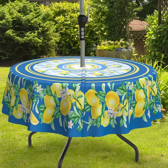 Mantel de exterior impermeable azul limón para mesa redonda