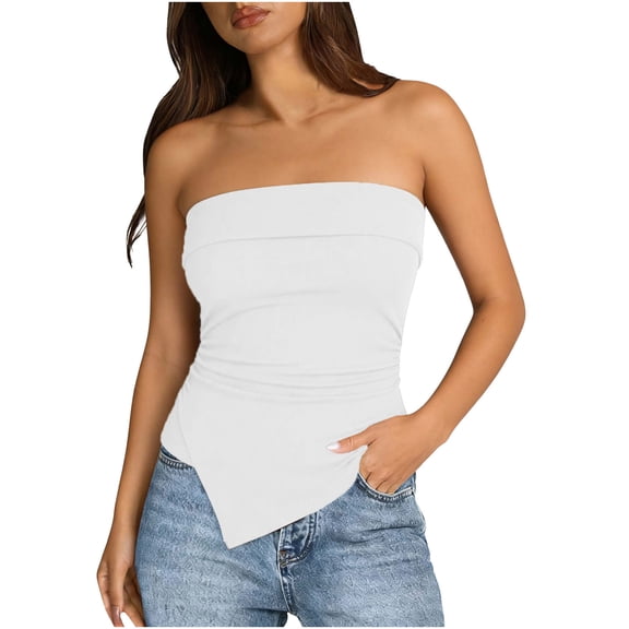 BUIGTTKLOP Ribbed Knit Tube Tops for Women Strapless Sleeveless Tank Tops Irregular Hem Stretchy Slim Fitted Going out Tops
