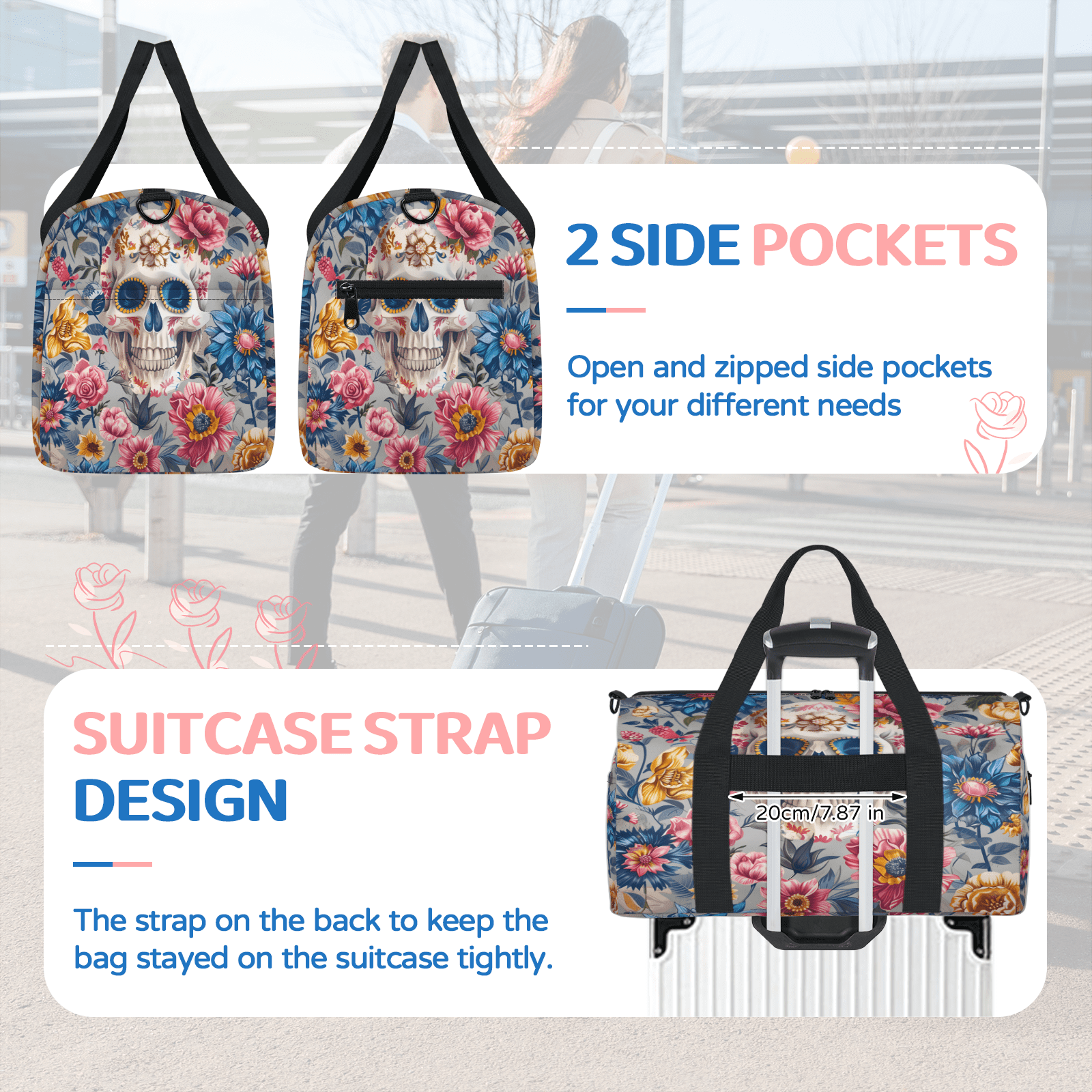 Herdesigns Skull Floral Travel Duffle Bag Sports Yoga Weekender Overnight Carry on Workout Bags Lightweight Waterproof Gym Tote Bag for Women Skeleton Floral Day of The Dead