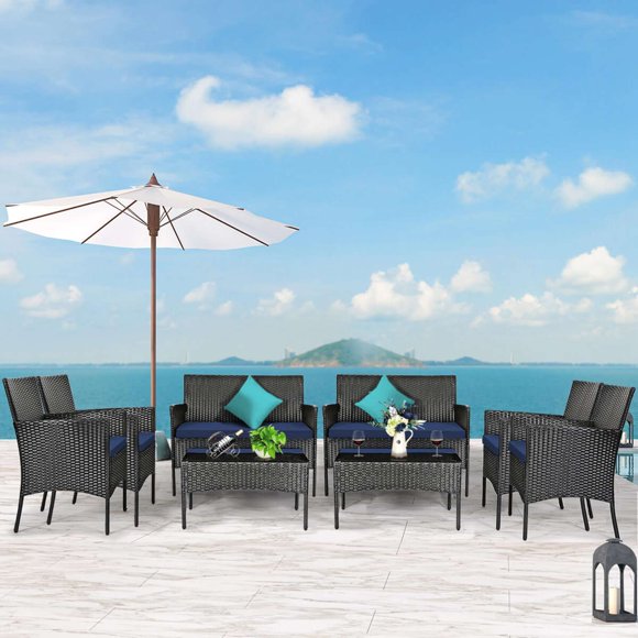 Costway 8 PCS Patio Rattan Furniture Set Cushioned Sofa Coffee Table Backyard Porch Navy