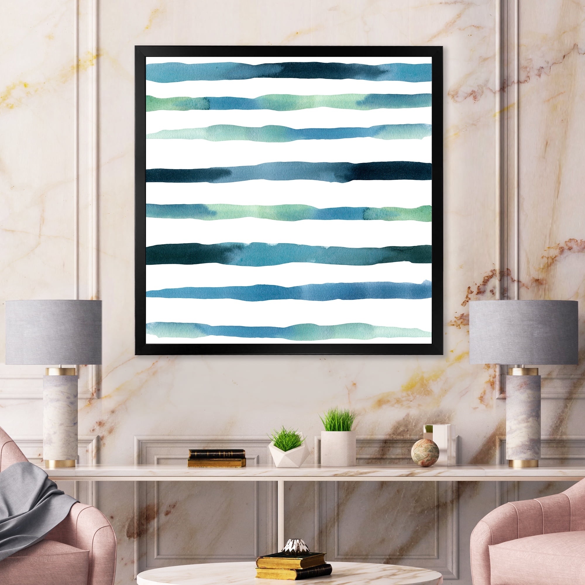 Designart 'Dark Blue Verticals Aquatic ' Modern Framed Art Print