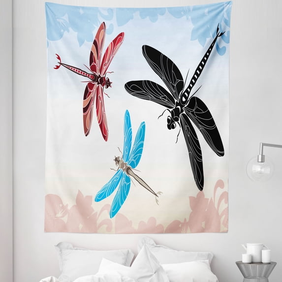 Dragonfly Tapestry, Exotic Dragonflies Flying in Cloud Sky Animal Wing Nature Illustration, Fabric Wall Hanging Decor for Bedroom Living Room Dorm, 5 Sizes, Black Blue Pale Pink, by Ambesonne
