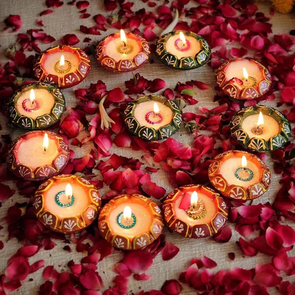 Clay Terracotta Handmade Waxed Diya Set of 12 - Diwali Diyas Decoration Items