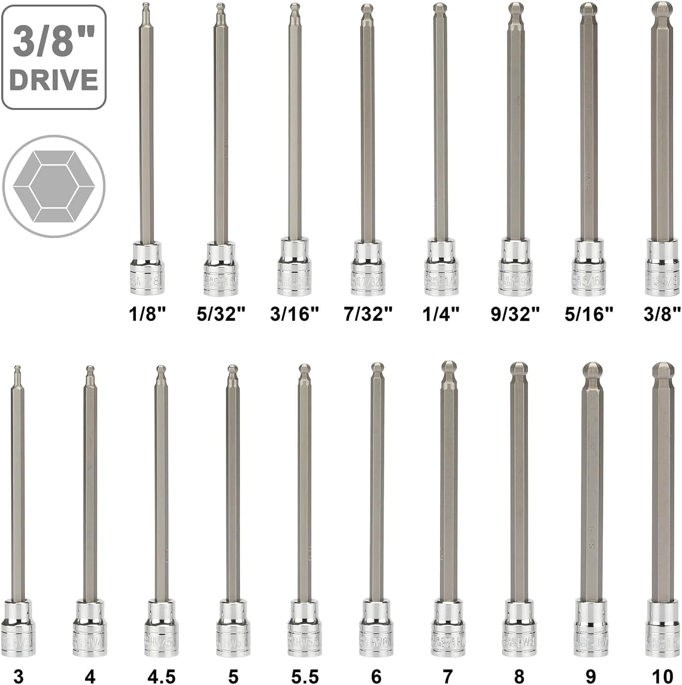 Mayouko Pro 3/8" Drive Extra Long Ball-End Hex Bit Socket Set, 1/8"-3/8", 3-10mm, SAE&Metric, 5.9 Inch Length