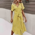 thumbnail image 4 of Summer Dress Women's Dresses Summer Boho Bohemian Casual Button Short Sleeve Floral Print Lace Up Maxi Beach Midi Dress Yellow, 4 of 9