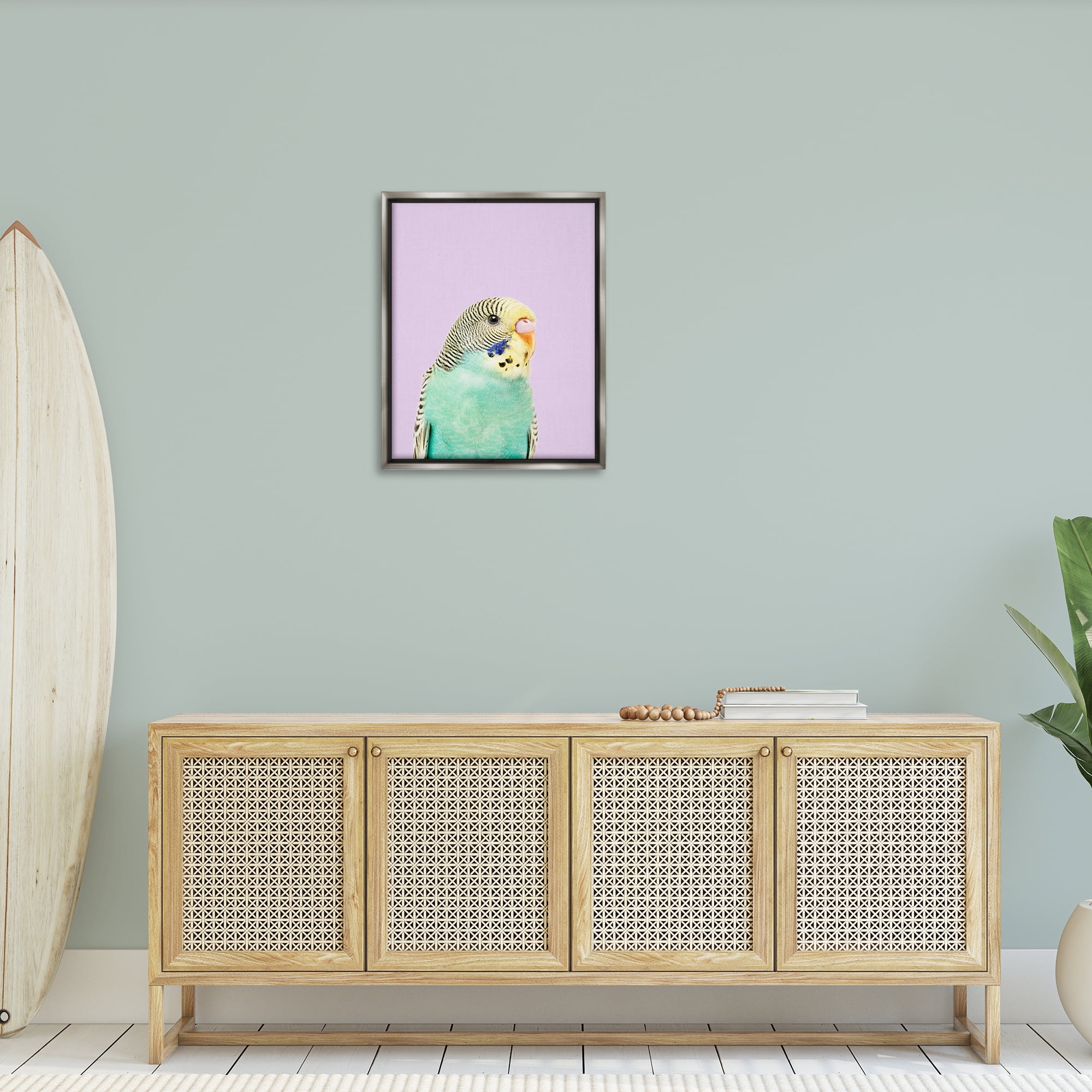 Stupell Industries Pastel Budgie Bird Animals Painting Gray Floater Framed Canvas Art Print Wall Art, 25 x 31