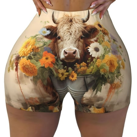 Workout Shorts Women  Bucket Flower Cow Biker Shorts for Women Running Gym Spandex Shorts Tummy Control