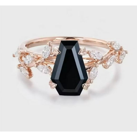 Coffin Cut Lab-Created Black Onyx & Diamond Engagement Ring in 925 Sterling Silver – Unique Wedding Engagement Ring, Perfect Bride Gift Fine Jewelry