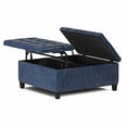 thumbnail image 3 of SIMPLIHOME Harrison Pouf de Rangement Carré de 36 Pouces de Large pour Table Basse avec Dessus Relevable, Tabouret Repose-Pieds Cocktail en Similicuir Bleu Capitonné Rembourré pour le Salon, Traditionnel, 3 of 5