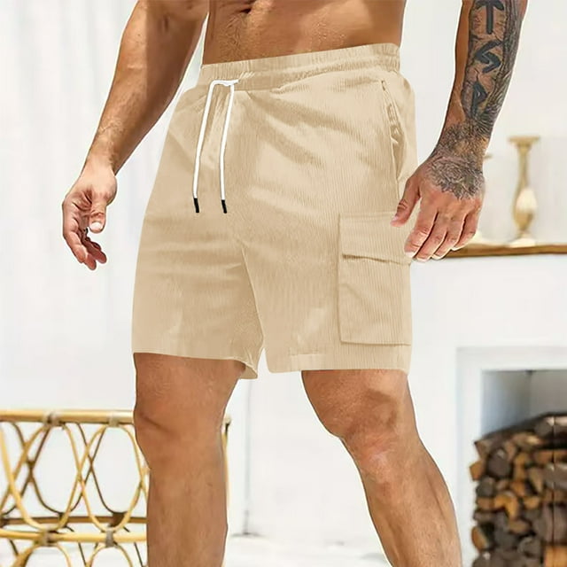 Sentmoon Cargo Shorts for Men Breathable Summer Loose High Waist Mens Corduroy Shorts Drawstring Solid Color Running Shorts Multi Pocket 2025 Athletic for Relaxing at Home Khaki XL