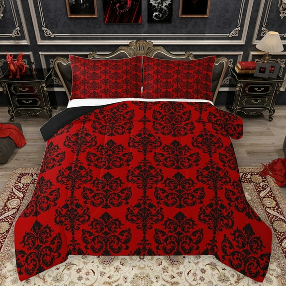 Homewish Vintage Damask Bedding Comforter Set,Victorian Flower Twin Comforter Sets,Red Black Bedding Set For Men Women,Super Cozy Room Decor Reversible,2 Pieces