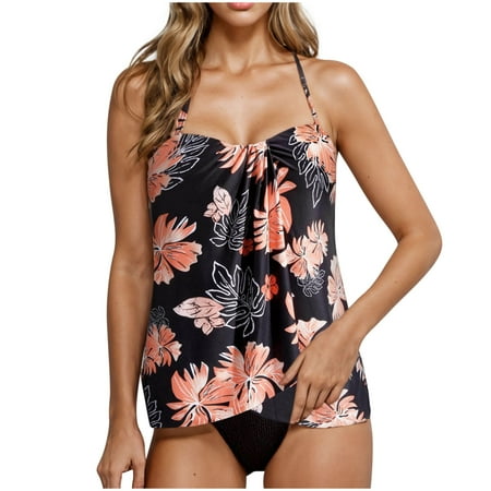 Dezsed Two Piece Bandeau Tankini Swimsuits for Women Loose Blouson Swim Top with Bikini Bottom Tummy Control Bathing Suits Clearance Black S