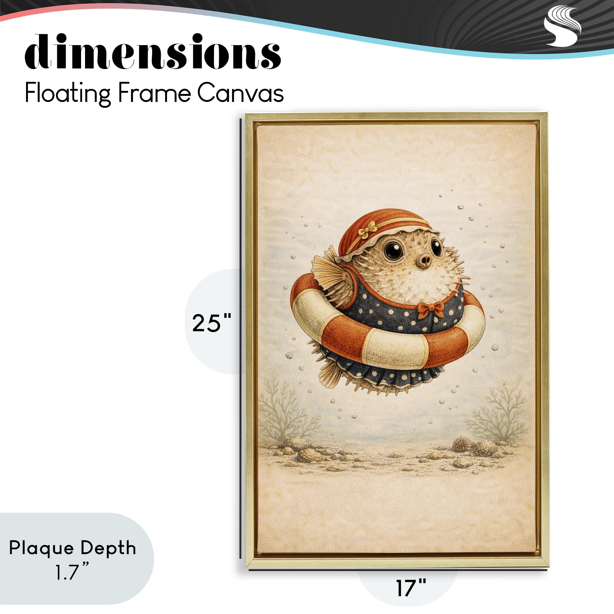 Stupell Industries Pufferfish Of Maritime Bathing Society Gold Framed Floater Canvas Wall Art, design by Grotto Studios