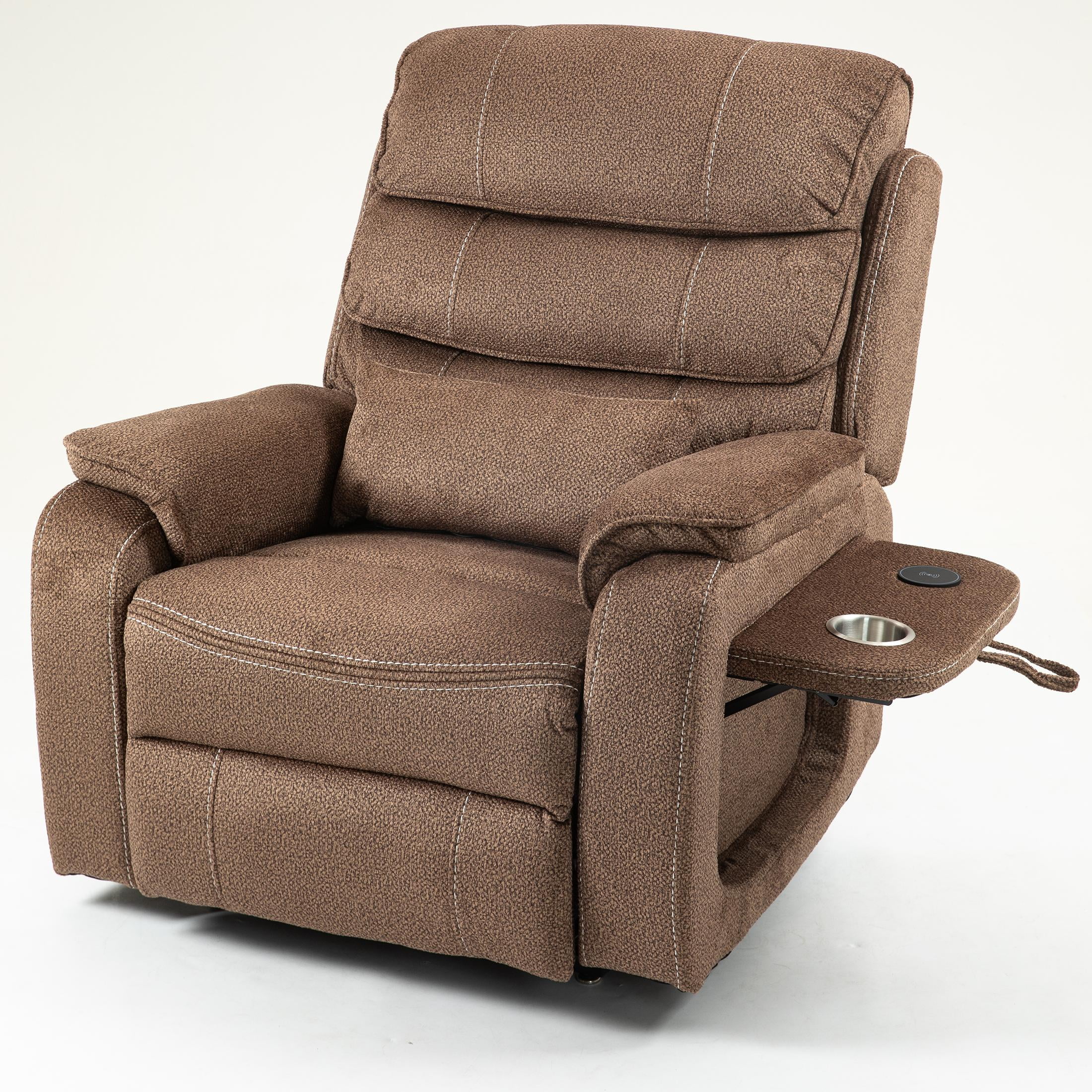 LEGAHOME Oversized Lift Recliner Chair with Wireless Phone Charging and Retractable Tray Table, 180 Degree Lying Flat Electric Power Sofa with Heat & Massage, Side Pocket, Cup Holder, Brown