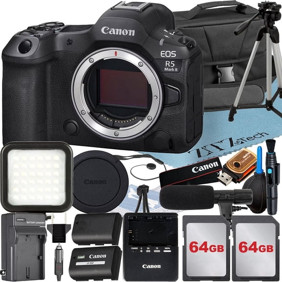 Canon EOS R5 Mark II Mirrorless Camera (Body Only) with 2 Pack 64GB Memory Card   Case   Tripod   ZeeTech Accessory Bundle (International Version)