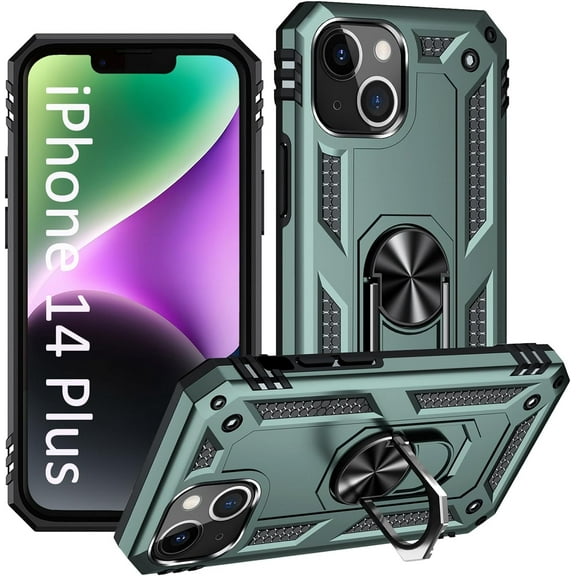 Phone Case for iPhone 14 Plus Case, [ Military Grade ] Shock-Absorption Bumper Cover iPhone 14 Plus Anti-Scratch Case with Ring Car Mount Kickstand for iPhone 14 Plus 6.7" - Teal