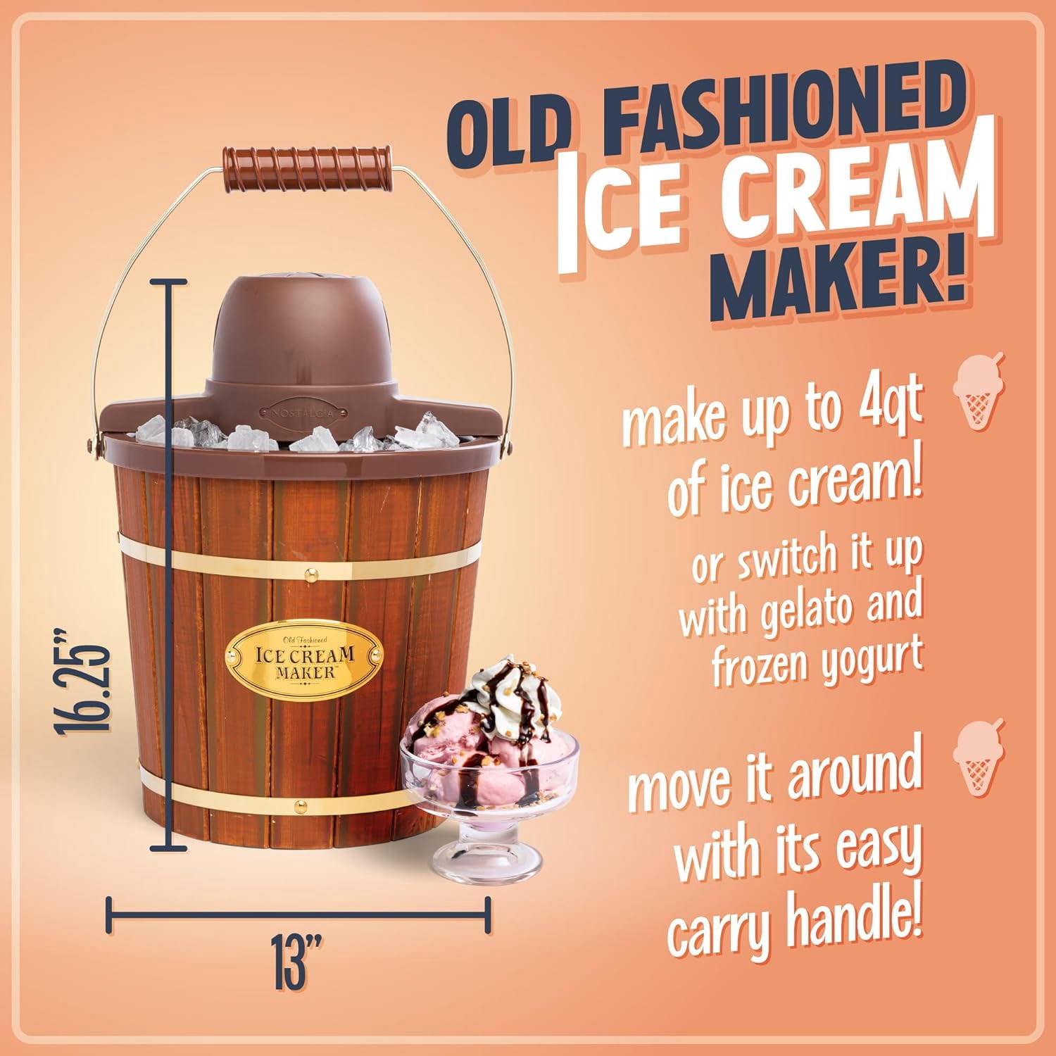 Nostalgia Electric Ice Cream Maker - Old Fashioned Soft Serve Ice Cream Machine Makes Frozen Yogurt or Gelato in Minutes - Fun Kitchen Appliance - Vintage Wooden Style - Dark Wood - 4 Quart