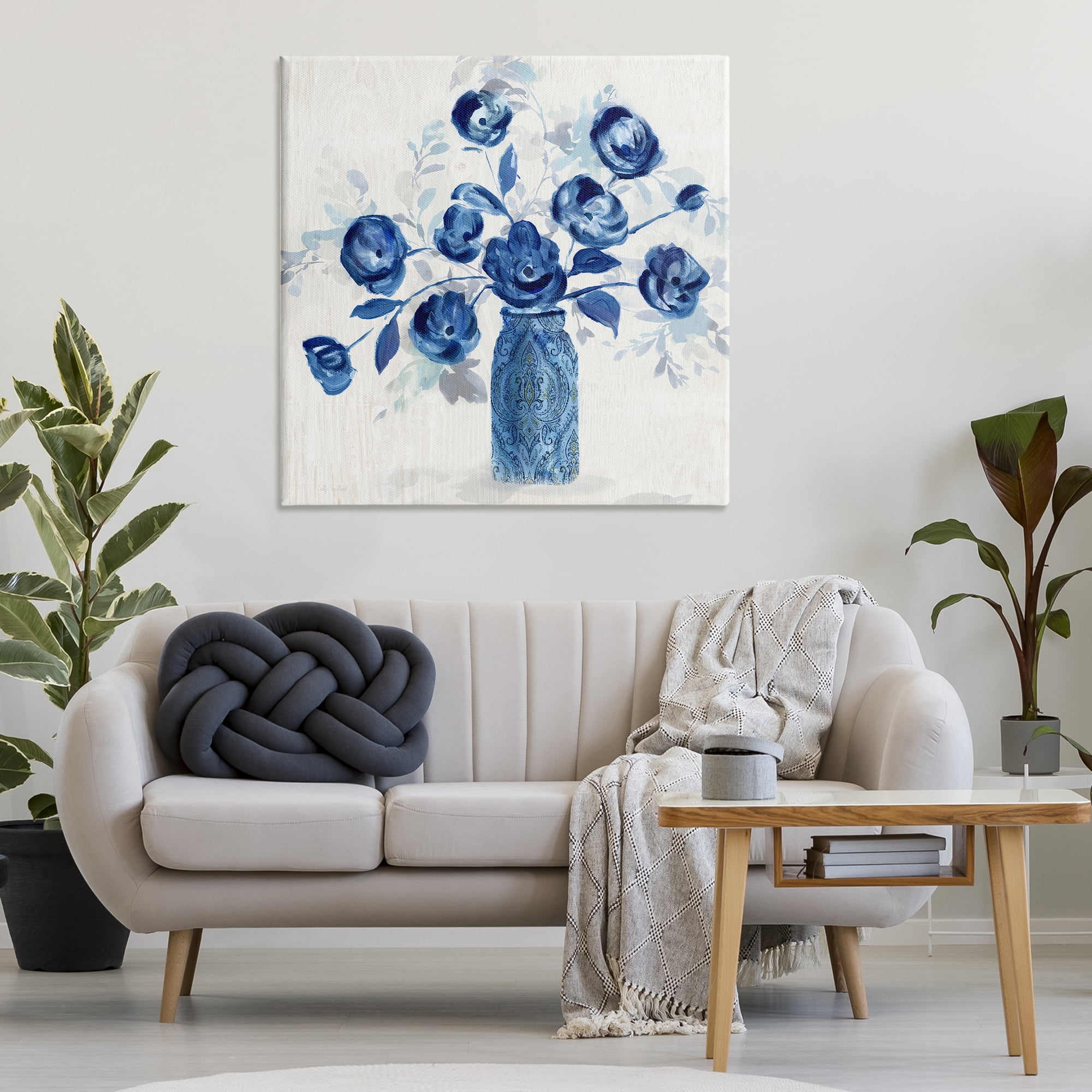 Stupell Industries Blue Roses Ornate Jar Plants & Flowers Painting Wrapped Canvas Art Print Wall Art, 36 x 36