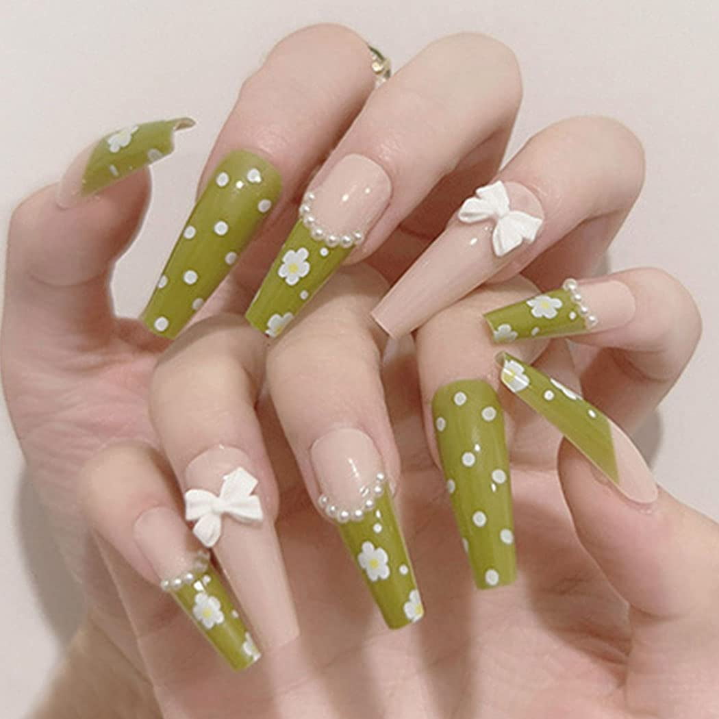 Cute Flower Press on Nails Coffin Long Fake Nails Glossy Bow Designed Full  Cover Ballerina Artificial False Nails Tips for Women and Girls 24Pcs -  Walmart.com