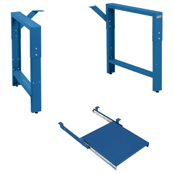 Garage Workbench Table Frame 26" Depth and Pullout Shelf and 2" High Drawer Kit - Height Adjustable 29" to 35" - Blue
