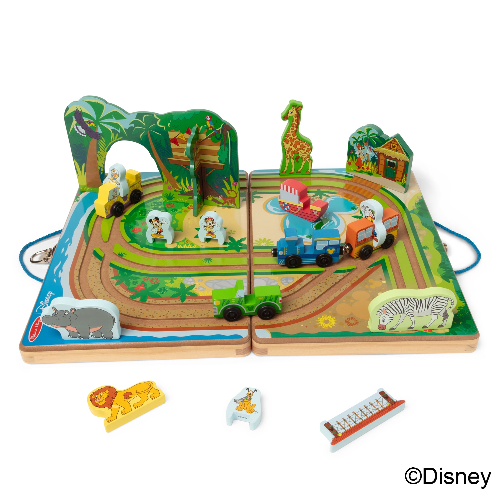 Melissa & Doug Disney Take-Along Safari Adventure Wooden Play Set with Built-In Tracks – 20 Pieces | Mickey Mouse, Minnie, Wooden Toy for Boys and for Girls 3+ - FSC Certified