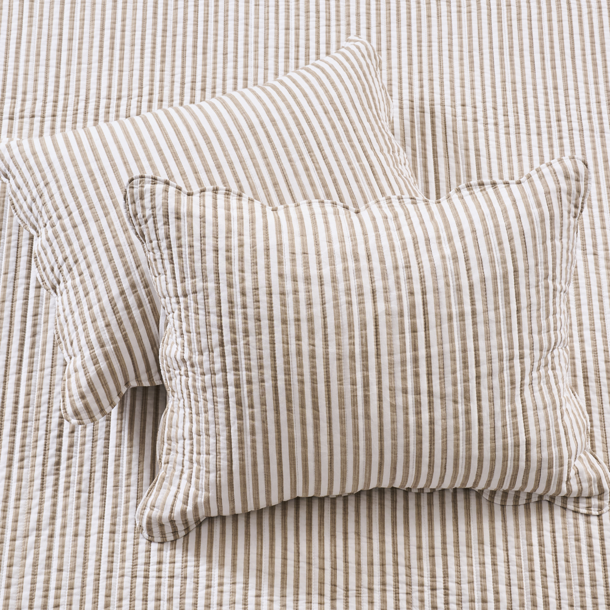 Levtex Home Martha Stripe Taupe Reversible Twin XL / Twin Quilt Set (68x86in) with 1 Pillow Sham (26x20in) - Stripe Bedding - Taupe, White - Cotton Twin Size Quilt Bedding Set - Scalloped Edge