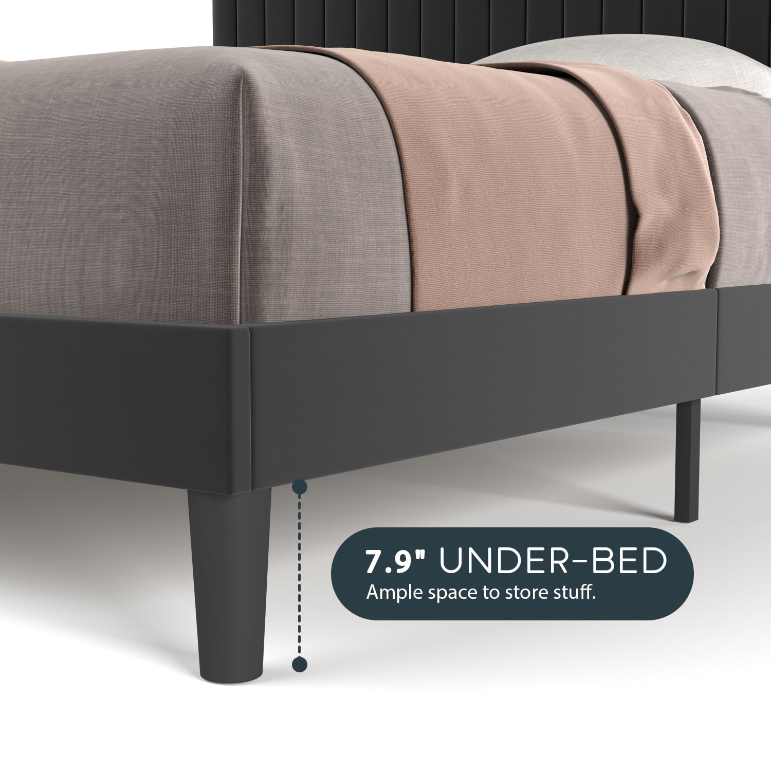 Einfach Queen Size Platform Bed Frame with Upholstered Adjustable Velvet Vertical Tufted Headboard, Black