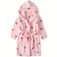 thumbnail image 1 of Girls Hooded Bathrobe Strawberry Pattern Flannel Soft Warm Pockets Belt Robe Pyjamas Sleepwear Kids Spring Clothes, 1 of 5