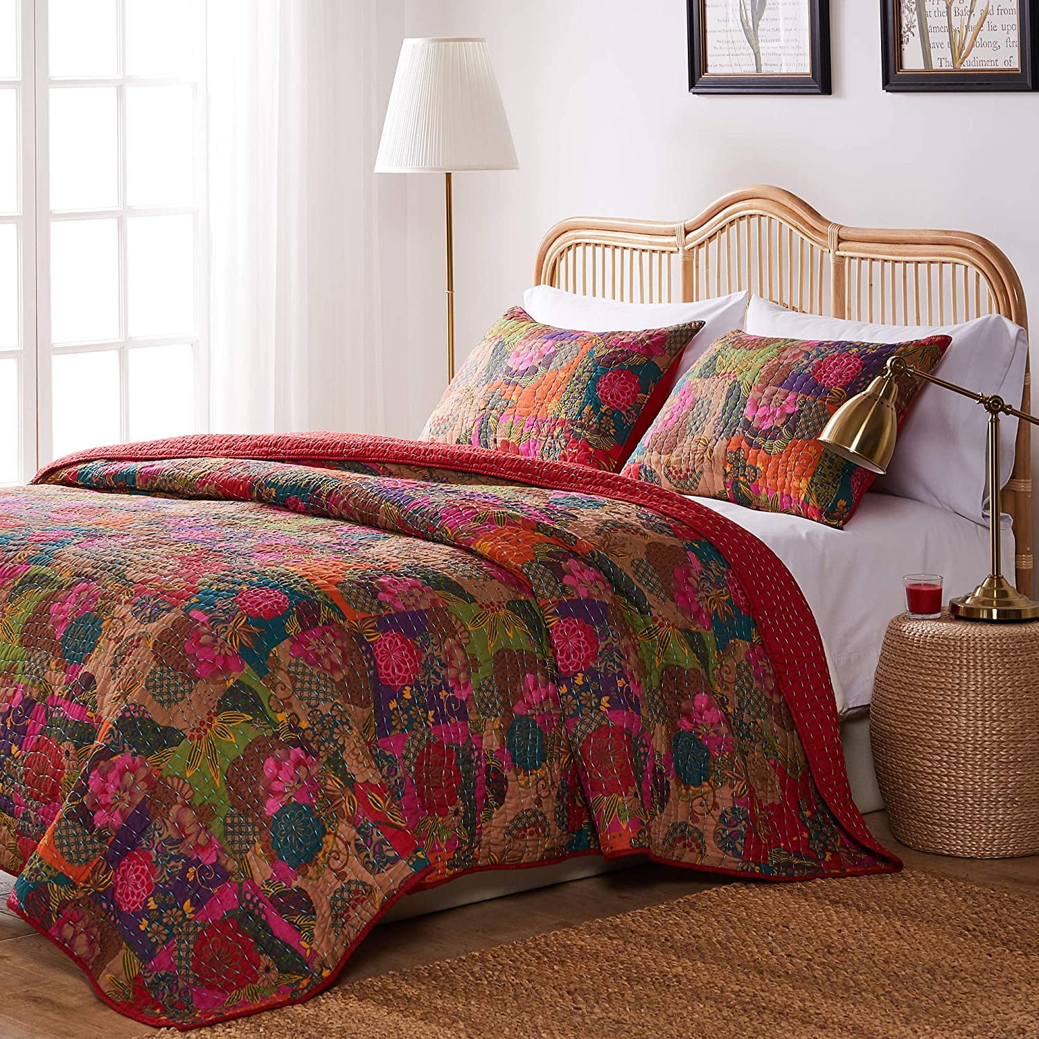 Greenland Home Fashions Jewel Kantha-Stitched Boho Red 100% Cotton Quilt Set, 3-Piece Full/Queen