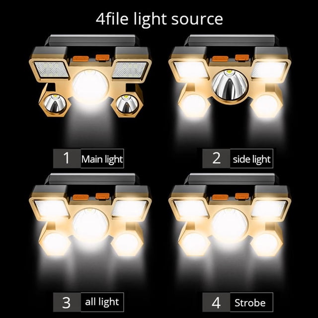 Lámpara Advertencia a prueba de agua 5LED Linterna 4 Gear 350lm Camping Head Torch (Oro)